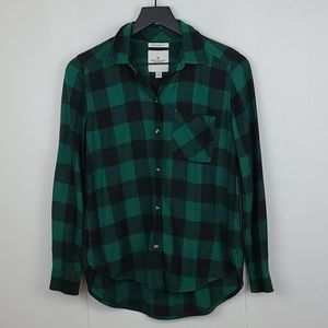 Aeo Boyfriend Fit Green Black Plaid Shirt Small